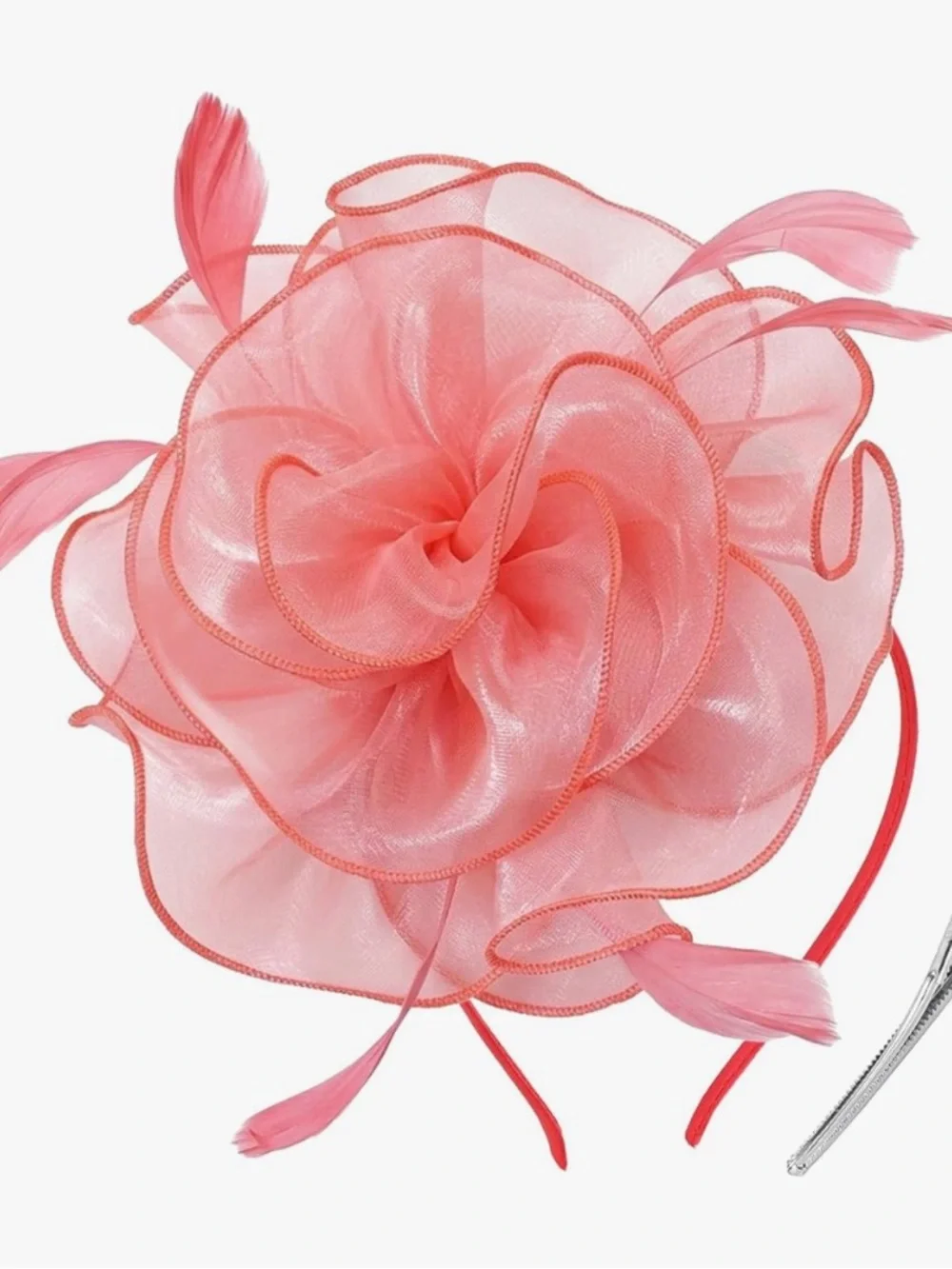 Elegant Coral Pink Floral Feather Fascinator Headpiece Kentucky Derby Oaks Tea